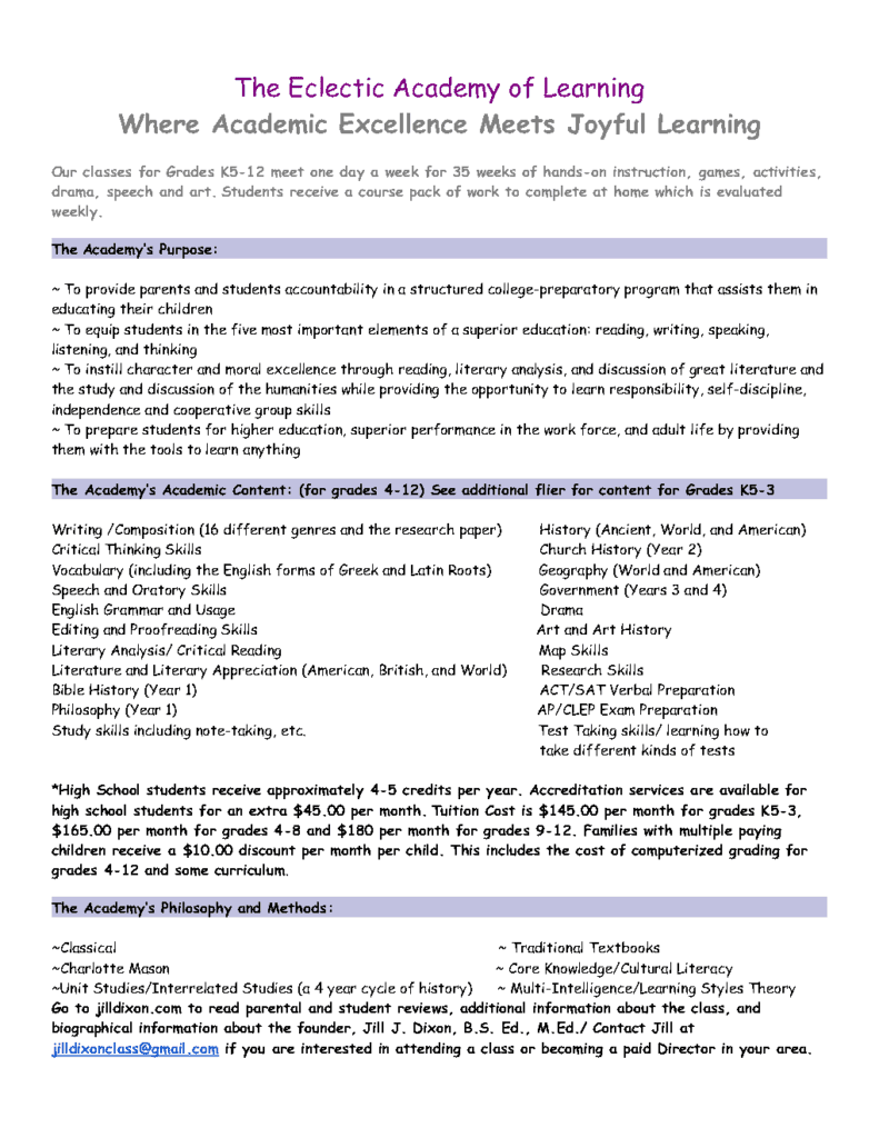 2026-2027 The Eclectic Academy of Learning Flyer