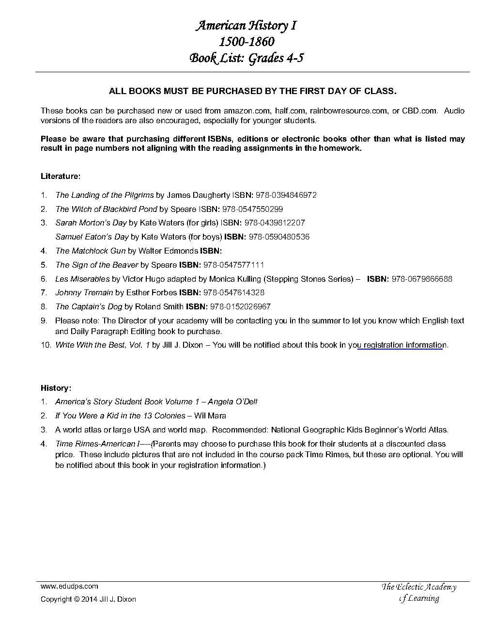 4th - 5th grades book list