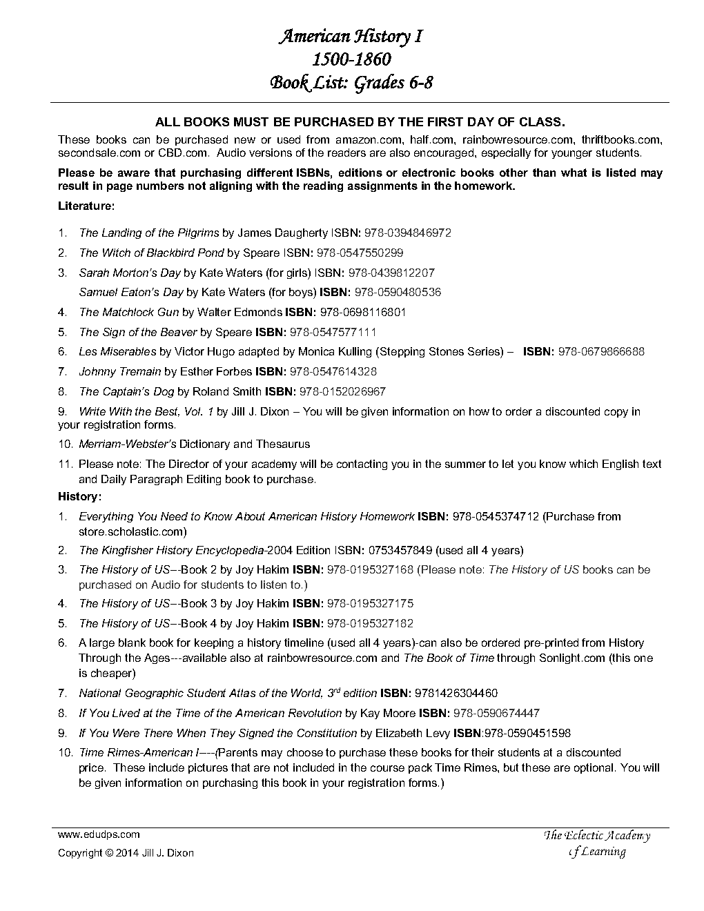 6th - 8th grades book listg