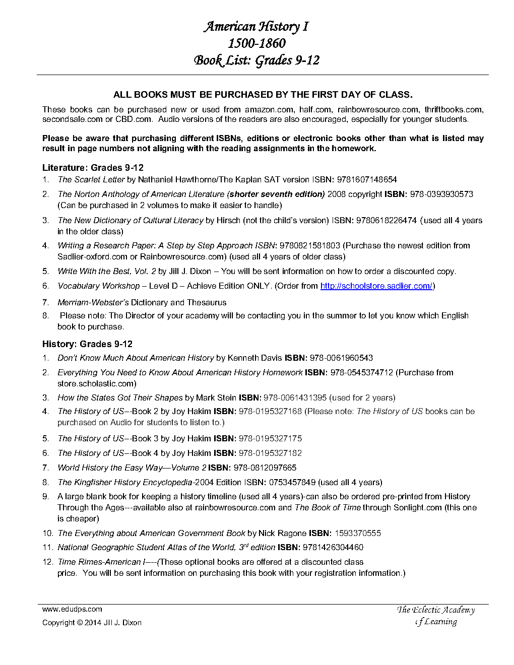 9th - 12th grades book list