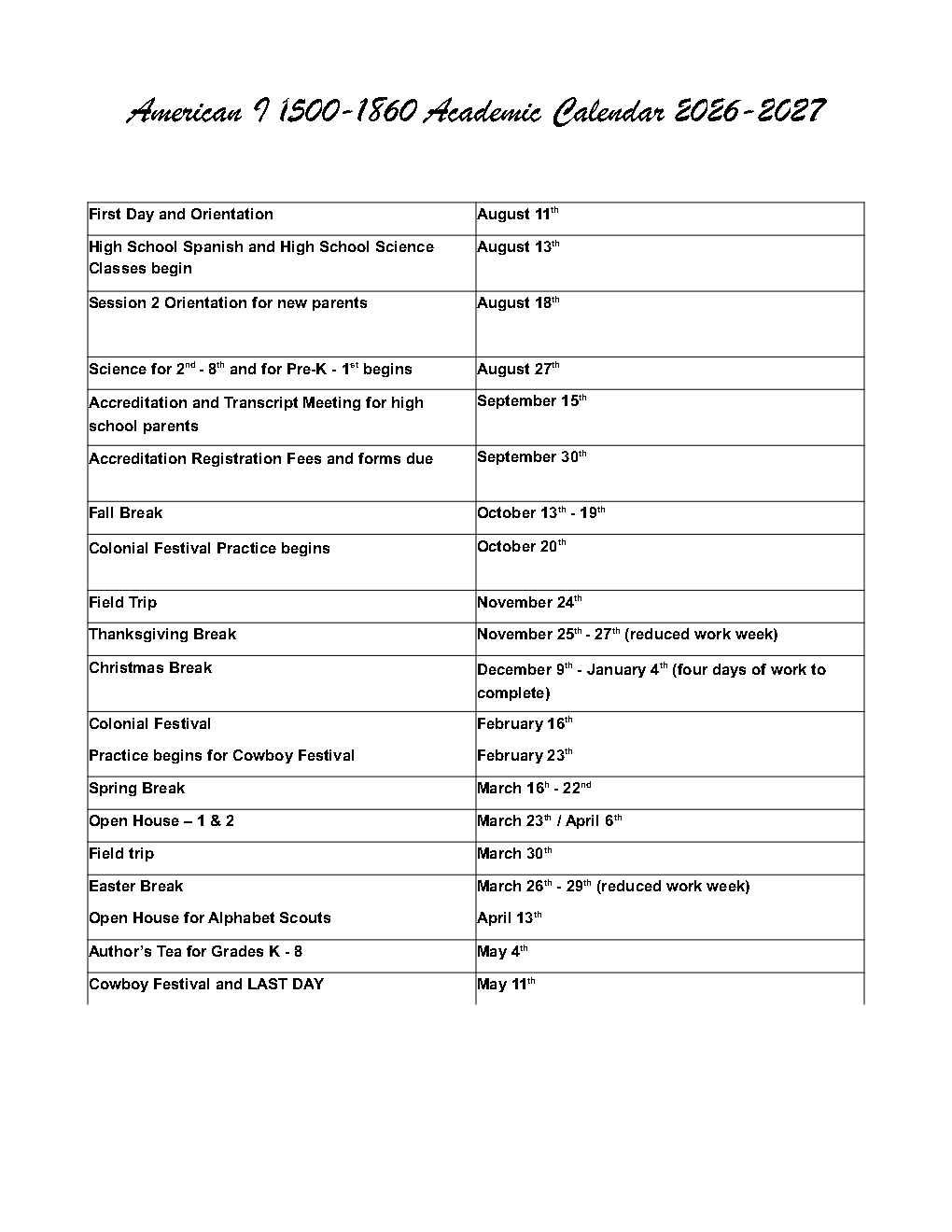 EAL Academic Calendar American I 2026-2027