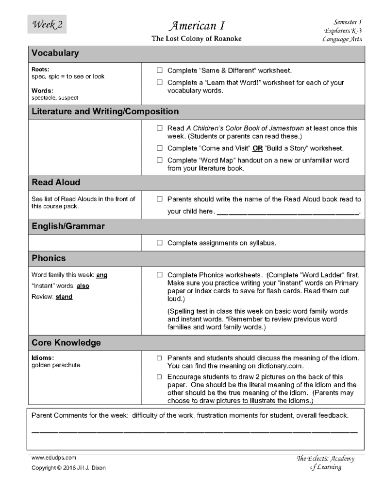 Job #2 American 1 Explorers Language Arts Week 2 Semester 1_Page1