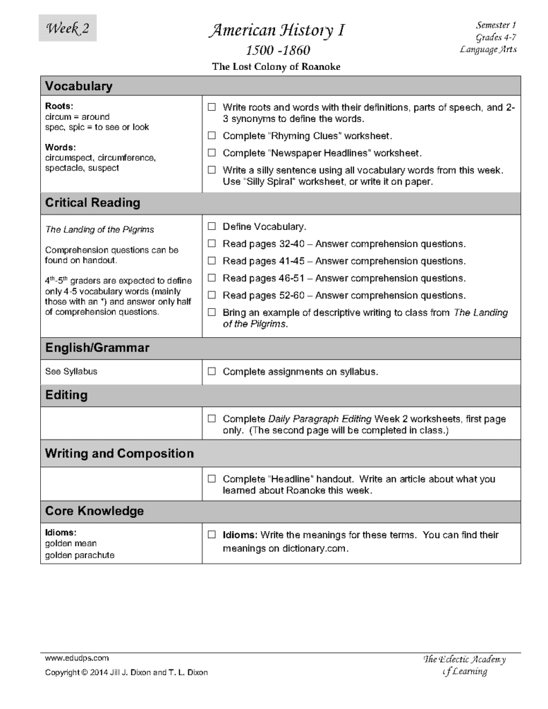 Job #4 American 1 Middle Grades Language Arts Week 2 Semester 1_Page1