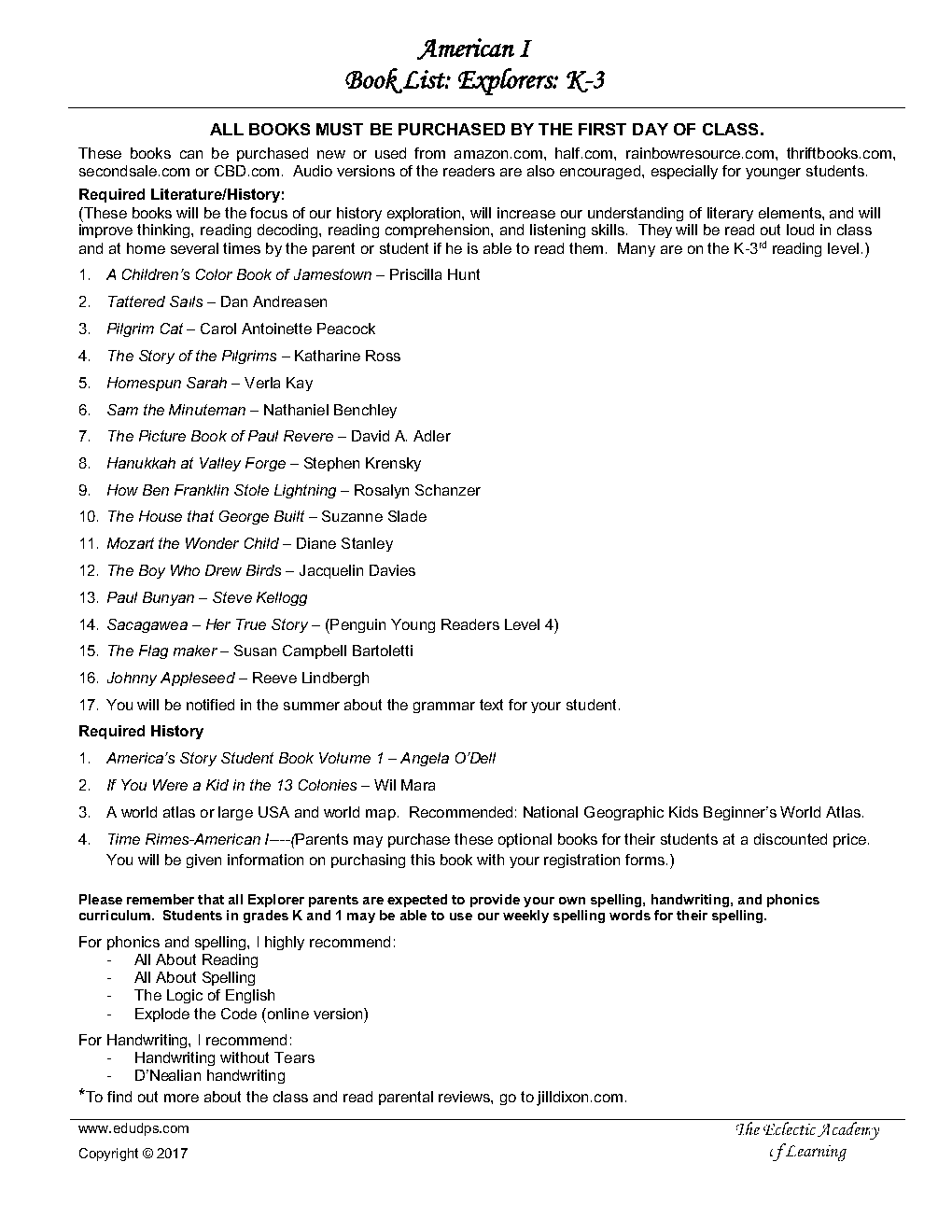 K5 - 3rd grades book list