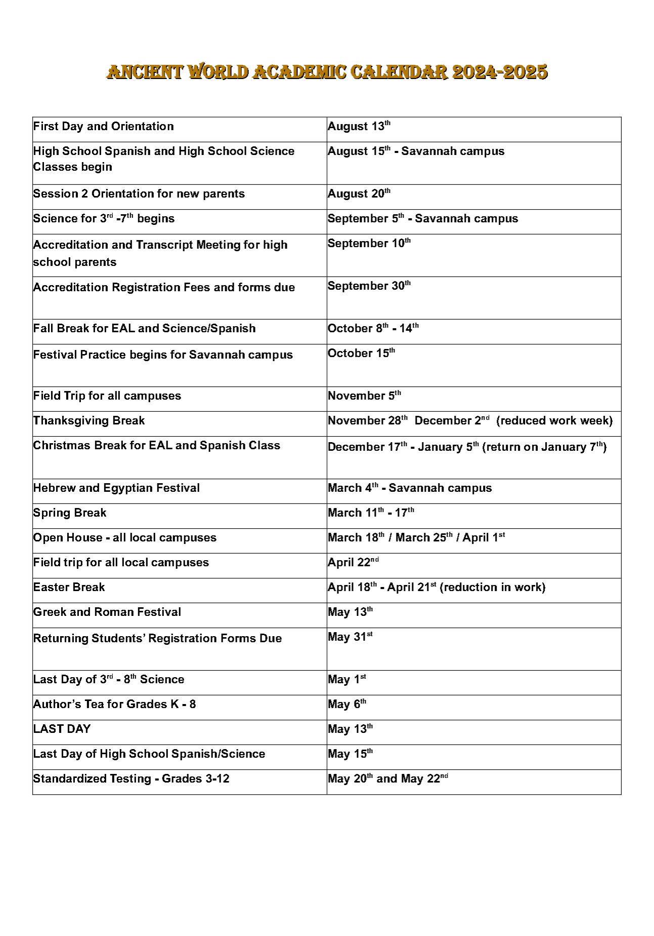 Academic Calendar 2024-2025